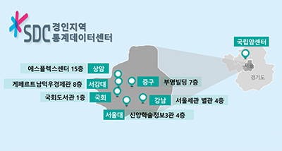 SDC 경인지역 통계 데이터 센터 에스플렉스센터 15층 상암 게페르트 남덕우경제관 8층 서강대 국회도서관 1층 국회 서울대 신양학술정보3과 4층 중구 부영빌딩 7층 강남 서울세관 별관 4층 국립암센터