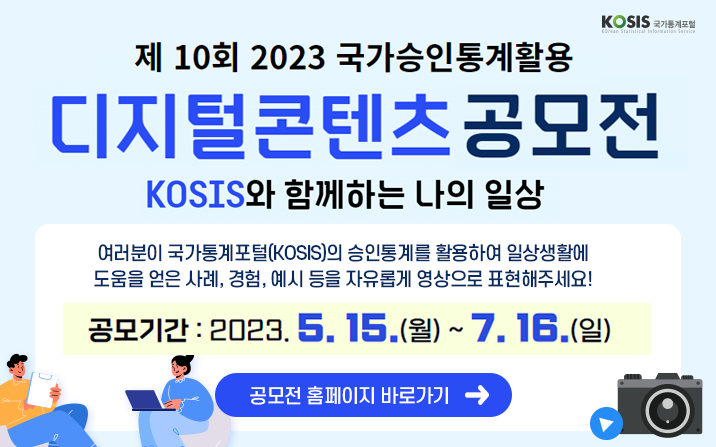 제 10회 2023 국가승인통계활용 디지털콘텐츠 공모전 KOSIS와 함께 하는 나의 일상
여러분이 국가통계포털(KOSIS)의 승인통계를 활용하여 
일상생활에 도움을 얻은 사례, 경험, 예시 등을 자유롭게 영상으로 표현해주세요!
공모기간 : 2023.5.15.(월) ~ 7.16.(일)
공모전 홈페이지 바로가기