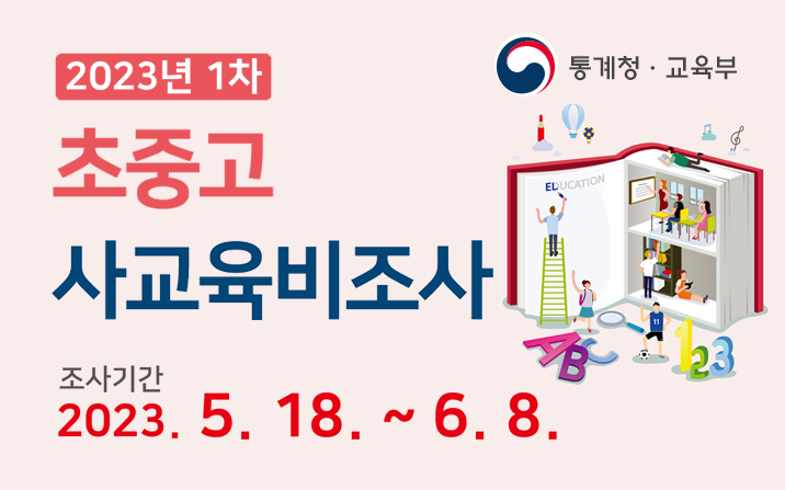 2023년 1차 초중고 사교육비조사
조사기관 : 통계청 교육부
조사기간 : 2023.5.18~6.8
