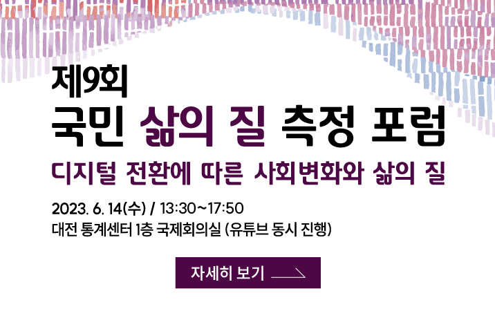 제9회 국민 삶의 질 측정 포럼  
디지털 전환에 따른 사회변화와 삶의 질 
2023.6.14(수) / 13:30~17:50 
자세히보기(새창열기)