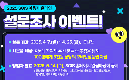 2025년 SGIS 이용자 온라인 설문조사 이벤트!
설문기간 2025.4.7.(월) ~ 4.25.(금), 19일간
사은품 제공 설문에 참여해 주신 분들 중 추첨을 통해 100명에게 5천원 상당의 모바일상품권 지급
당첨자 발표 2025.5.14.(수), SGIS 홈페이지 알림마당에 공지
※ 응답하신 설문내용은 「통계법」 제 33조에 의해 비밀이 철저히 보장되며, 통계적인 목적으로만 사용됩니다.
