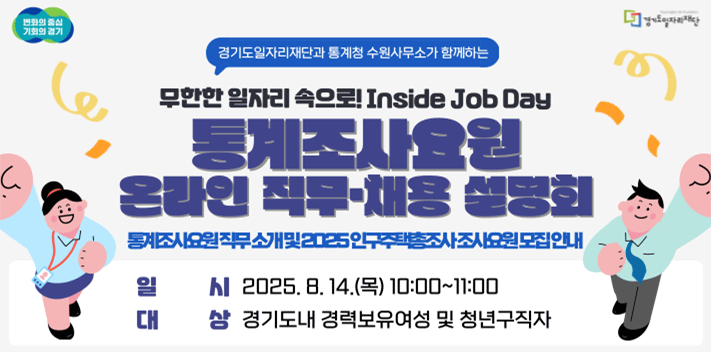 변화의 중심 기회의 경기
경기도 일자리 재단

경기도일자리재단과 통계청 수원사무소가 함께하는

무한한 일자리 속으로! Inside Job Day
통계조사요원
온라인 직무·채용 설명회

통계조사요원 직무 소개및 2025 인구주택총조사 조사요원 모집 안내

일시 2025. 8. 14.(목) 10:00~11:00
대상 경기도내 경력보유여성 및 청년구직자