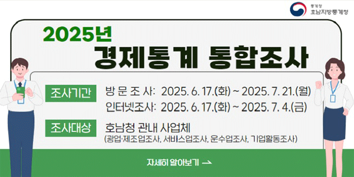 통계청 호남지방통계청

2025년 경제통계 통합조사

조사기간
방문조사: 2025. 6 .17.(화) ~ 2025. 7. 21(월)
인터넷조사: 2025. 6. 17.(화) ~ 2025. 7. 4(금)

조사대상
호남청 관내 사업체
(광업·제조업조사, 서비스업조사, 운수업조사, 기업활동조사)

자세히 알아보기