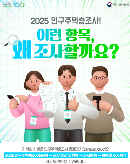 2025 인구주택총조사! 이런 항목, 왜 조사할까요?/ 자세한 사항은 홈페이지(census.go.kr)의 2025 인구주택총조사(표본) - 조사항목 - 항목별 조사목적에서 확인하실 수 있습니다.