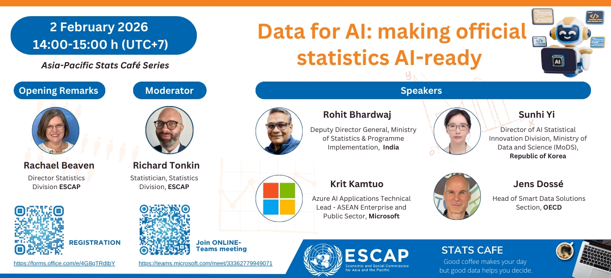 2 February 2026 14:00-15:00 h(UTC+7)/Asia-Pacific Stats Cafe Series/Opening Remarks/Rachael Beaver/ Moderator/Richard Tonkin/ Data for AI: making official statistics AI-ready/ Spearkers/ Rohit Bhardwaj/ Sunhi Yi/ Krit Kamtuo/ Jens Dosse